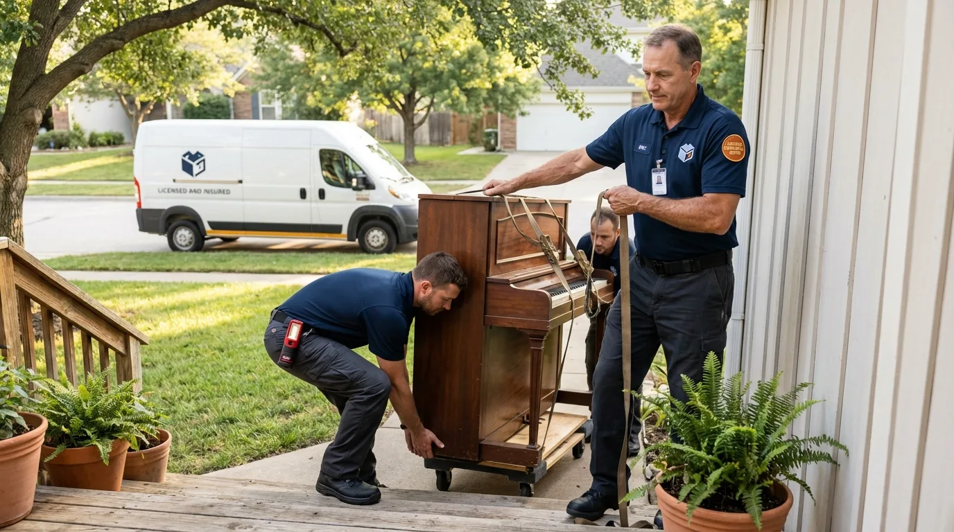 Licensed piano movers securing grand piano in Goleta, CA