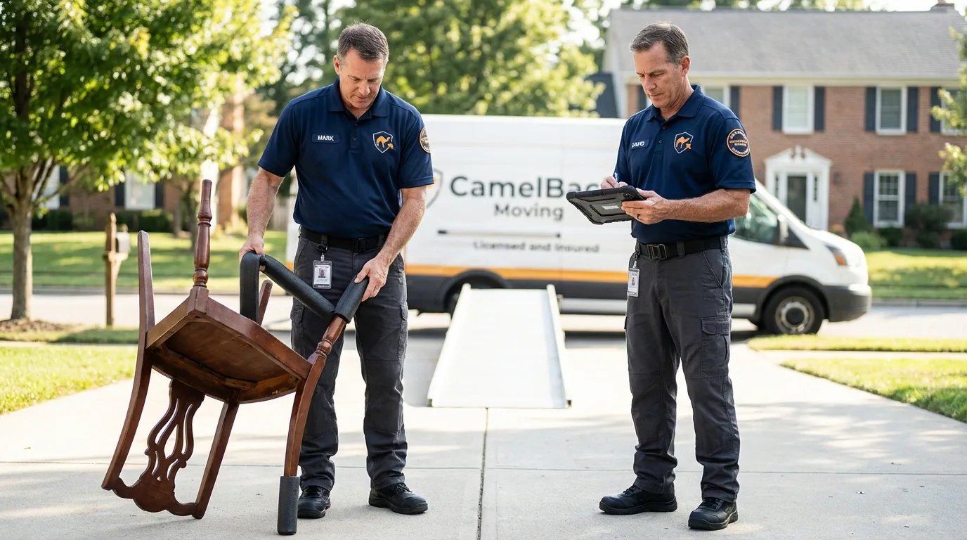 Movers inspecting furniture for damage prevention before loading in Goleta, CA