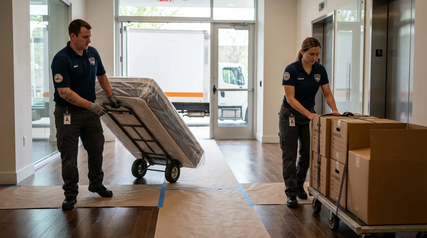 Professional apartment movers loading elevator in Goleta, CA